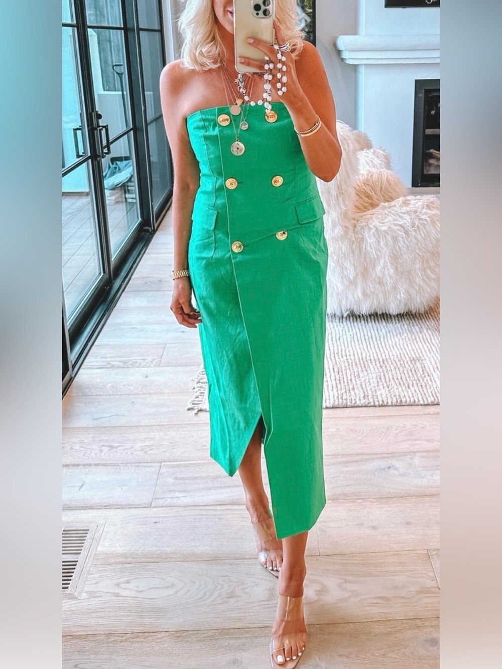 Strapless Green Double-Breasted Midi Skirt Dress from Anthropology